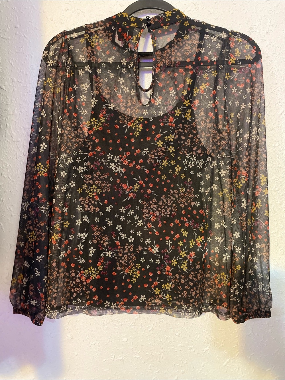 bobeau Black Sheer Floral Blouse with Layered Cami